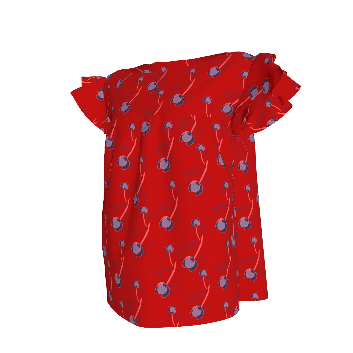 Kid's Ruffled Sleeve Top in Sprinkle Flowers Red in Light Cotton Slub