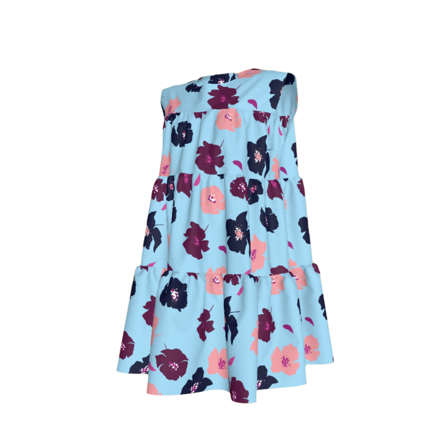 Kid's Ruffle Dress With Lining in Light Blue Poppies