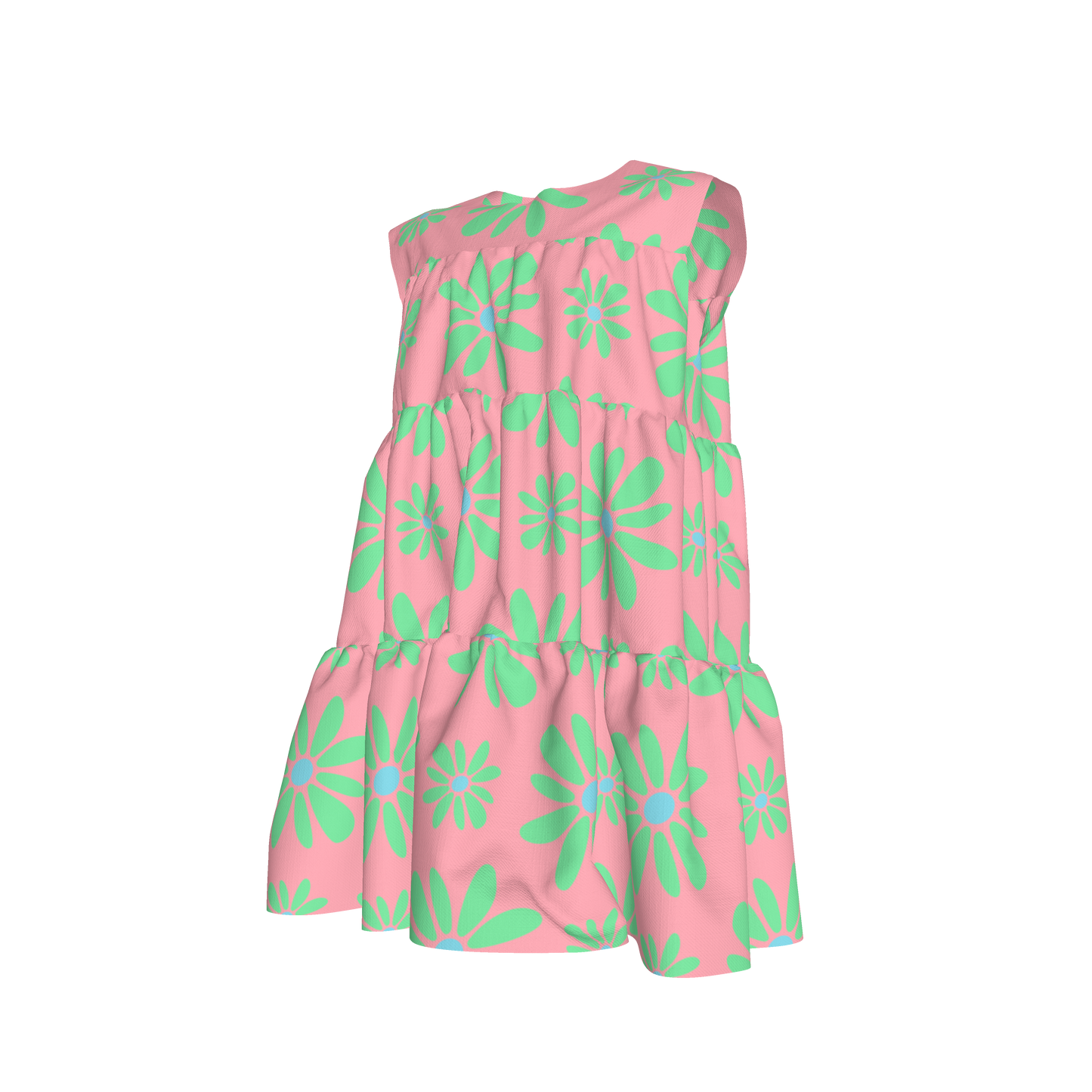 Kid's Ruffle Dress with Lining in Flower Bloom Pink & Light Green in Cotton Spandex Lightweight Jersey