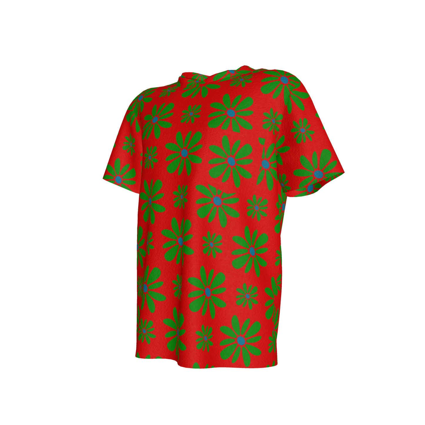 Kid's Pocket T-Shirt in Flower Bloom Red & Green in Cotton Spandex Lightweight Jersey
