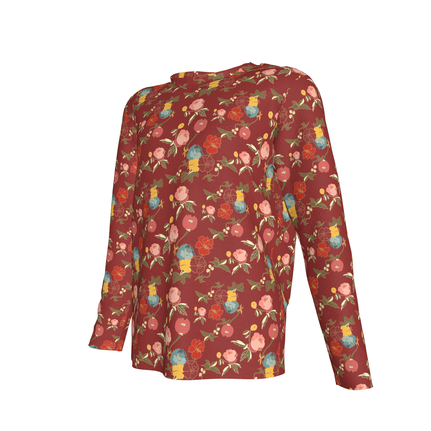Kid's Long Sleeve T-Shirt in Belle Flowers Red in Cotton Spandex Lightweight Jersey