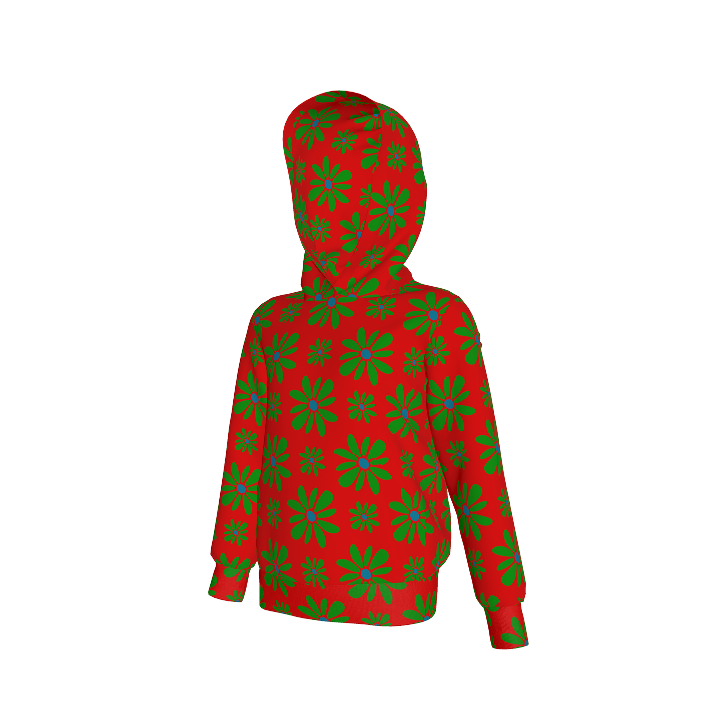 Kid's Pullover Hoodie in Flower Bloom Red & Bright Green in Fleece Back Stretch Organic Terry