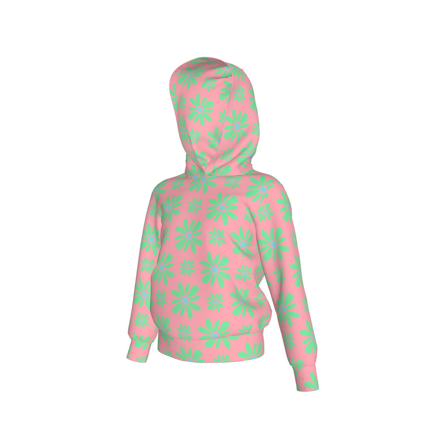 Kid's Pullover Hoodie in Flower Bloom in Pink & Light Green in Fleece Back Stretch Organic Terry