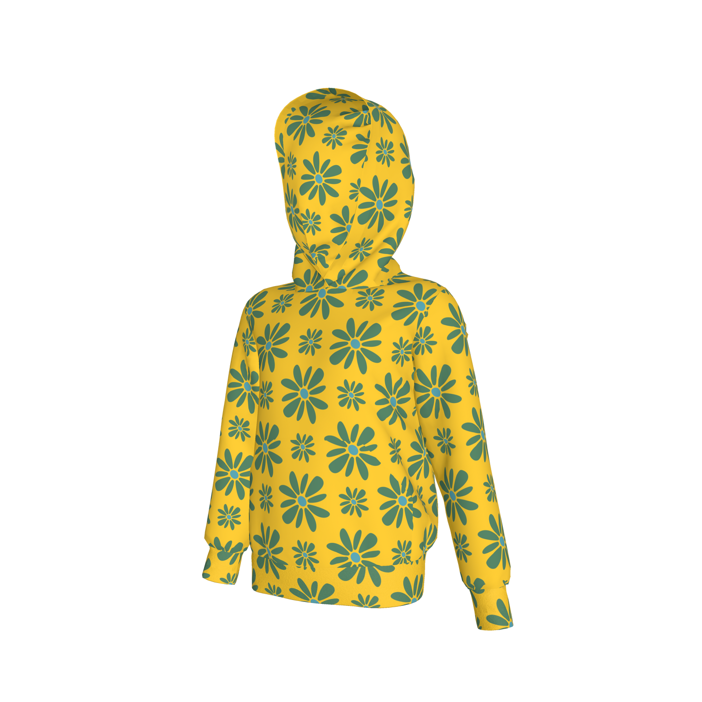 Kid's Pullover Hoodie in Flower Bloom in Yellow & Acqua in Fleece Back Stretch Organic Terry