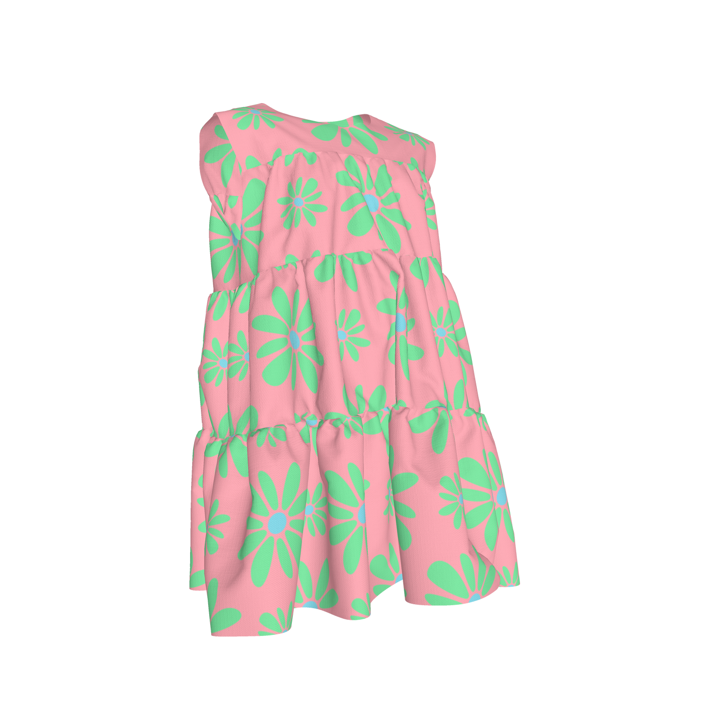 Kid's Ruffle Dress with Lining in Flower Bloom Pink & Light Green in Cotton Spandex Lightweight Jersey