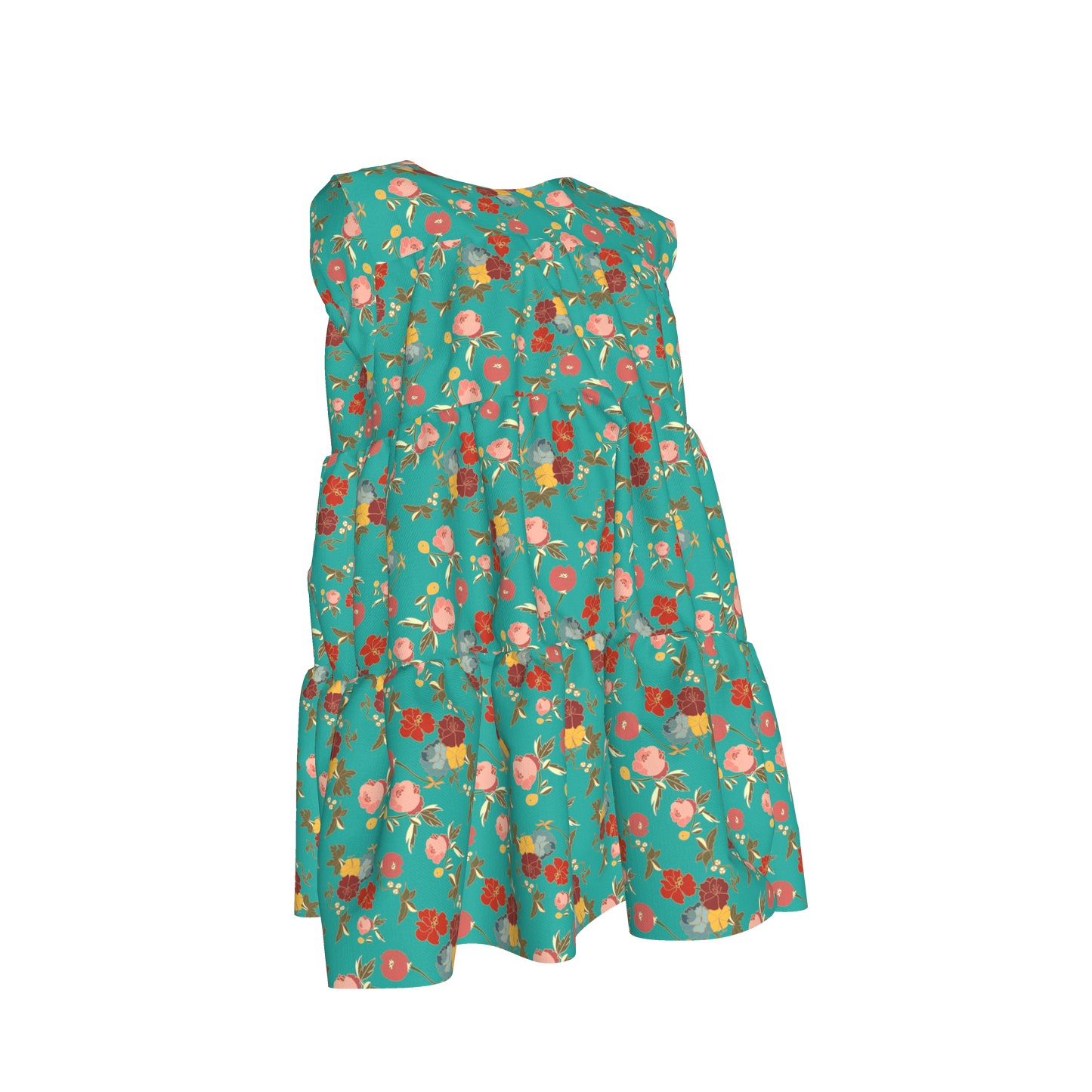 Kid's Ruffle Dress With Lining in Belle Flowers in Bright Blue in Light Cotton Slub