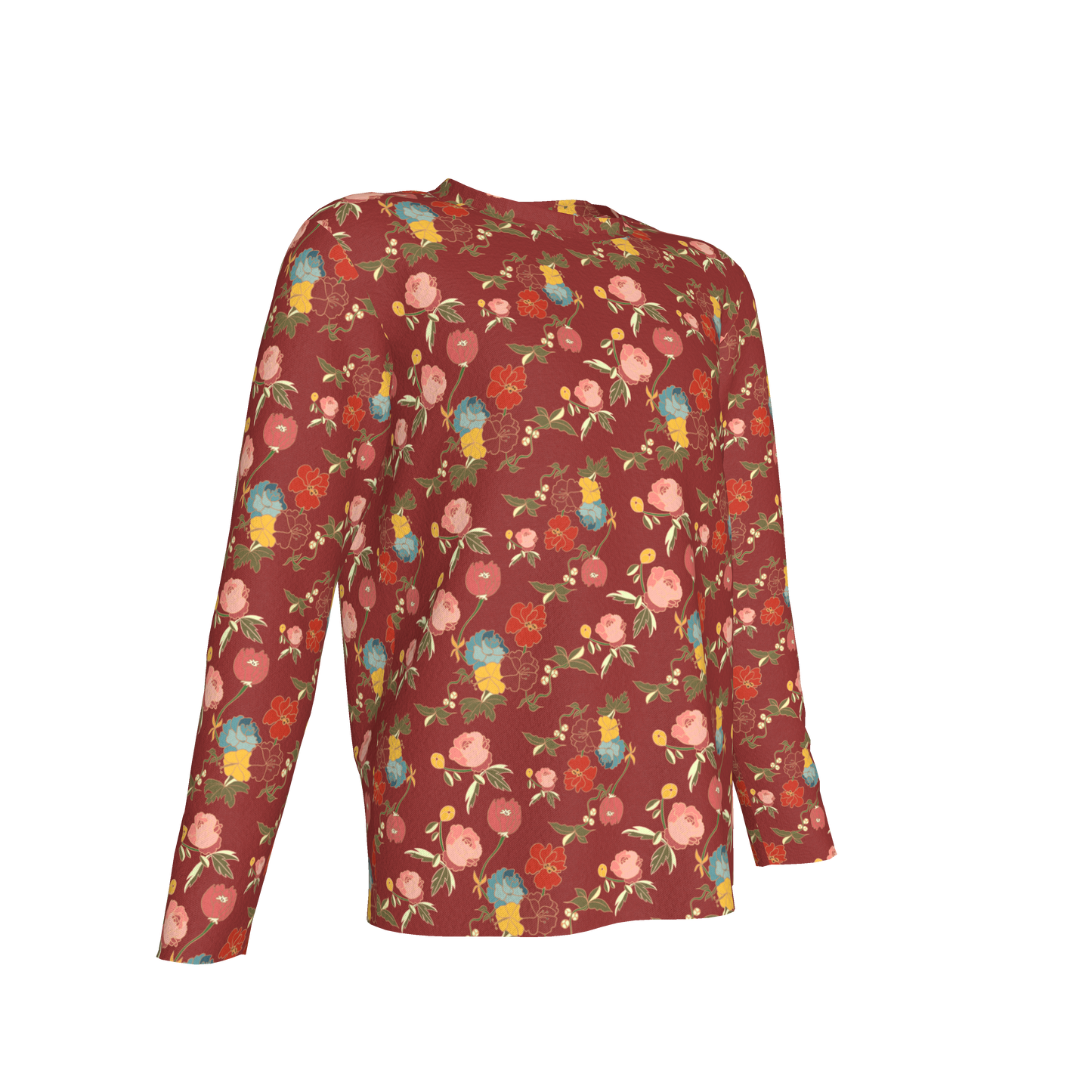 Kid's Long Sleeve T-Shirt in Belle Flowers Red in Cotton Spandex Lightweight Jersey