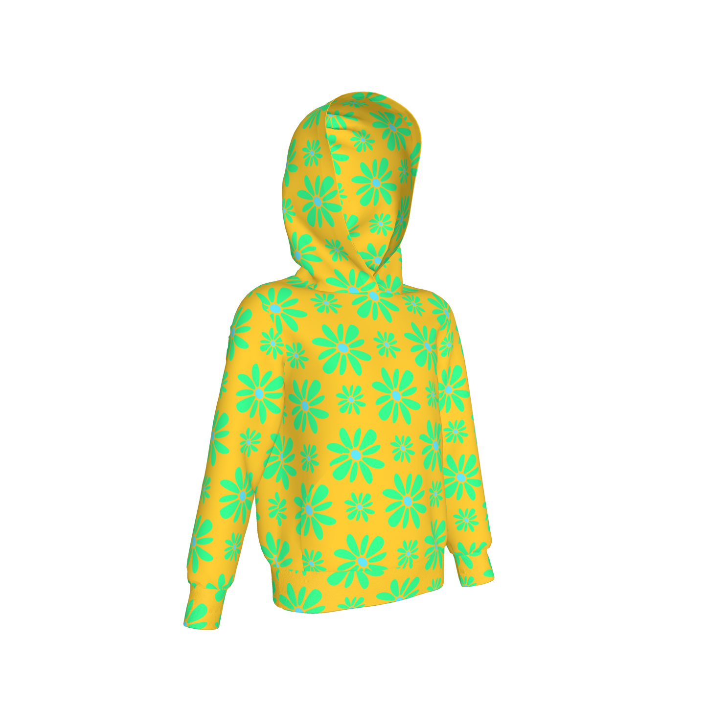 Kid's Pullover Hoodie in Flower Bloom in Yellow & Bright Green in Fleece Back Stretch Organic Terry