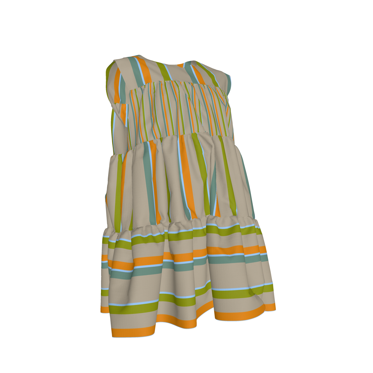 Kid's Ruffle Dress With Lining in Stripes Earthtones in Light Cotton Slub