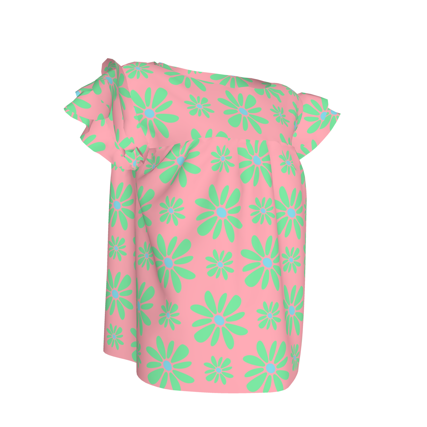 Kid's Ruffled Sleeve Top Flower Bloom in Pink & Bright Green in Light Cotton Slub