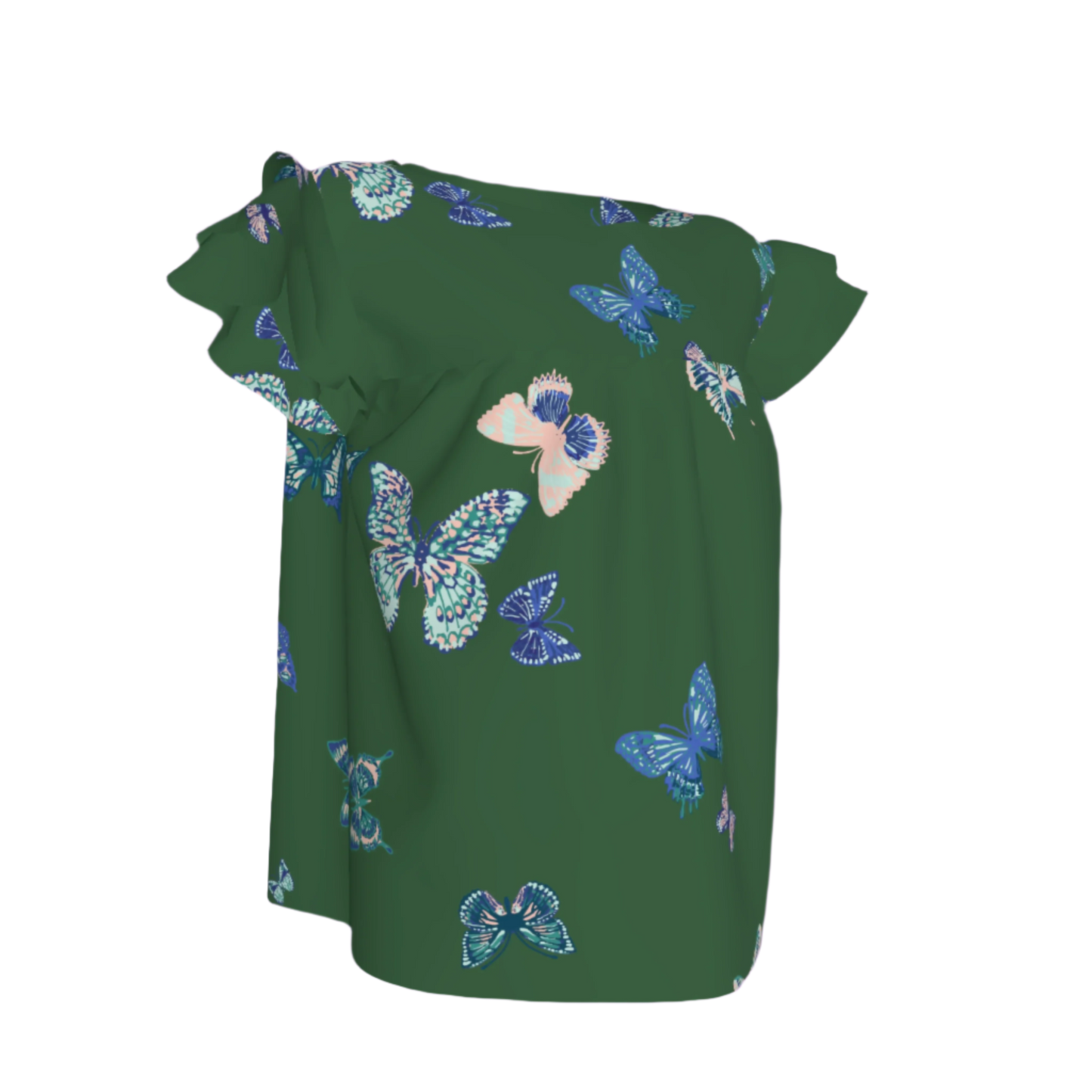 Kid's Ruffled Sleeve Top in Emerald Fluttering Butterflies