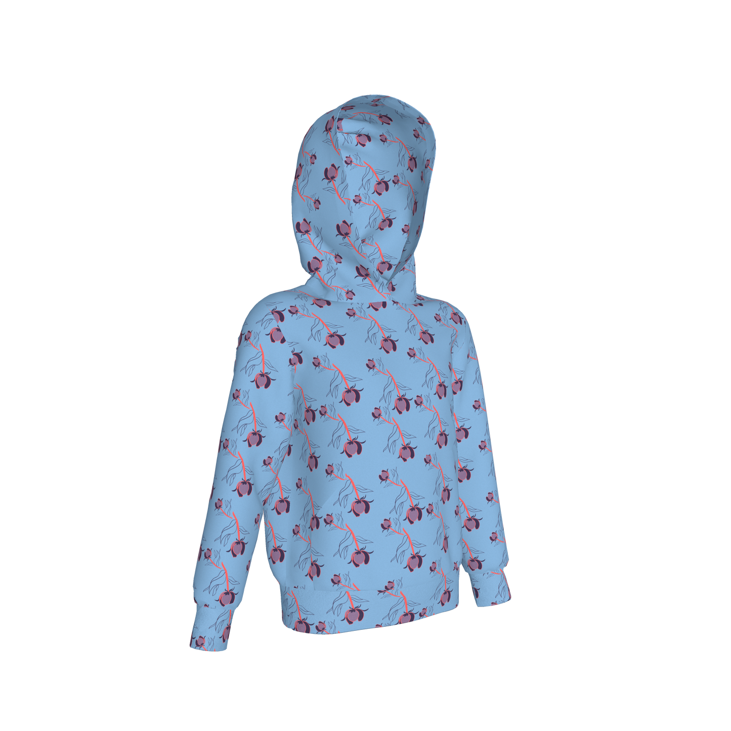 Kid's Pullover Hoodie in Sprinkle Flowers Light Blue in Fleece Back Stretch Organic Terry