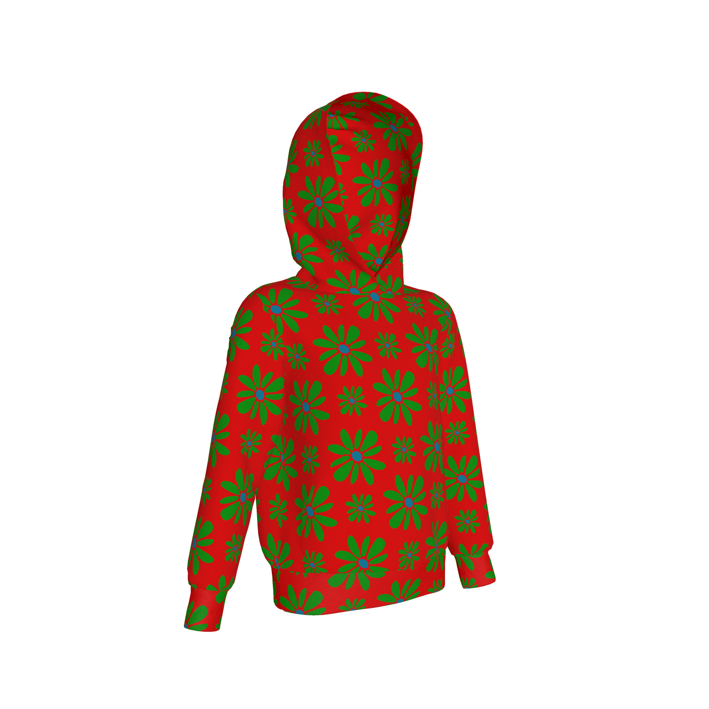 Kid's Pullover Hoodie in Flower Bloom Red & Bright Green in Fleece Back Stretch Organic Terry