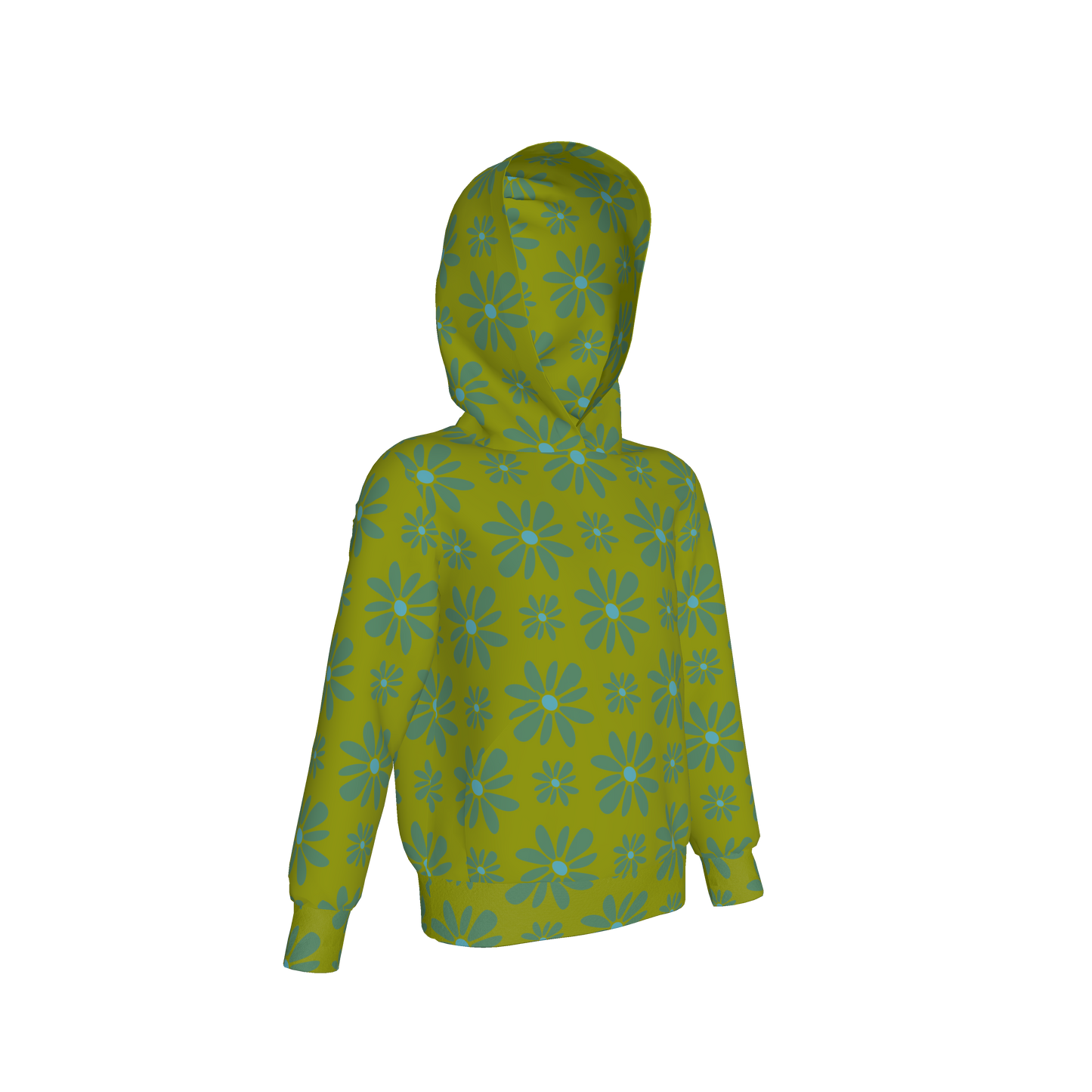 Kid's Pullover Hoodie in Flower Bloom in Green in Fleece Back Stretch Organic Terry