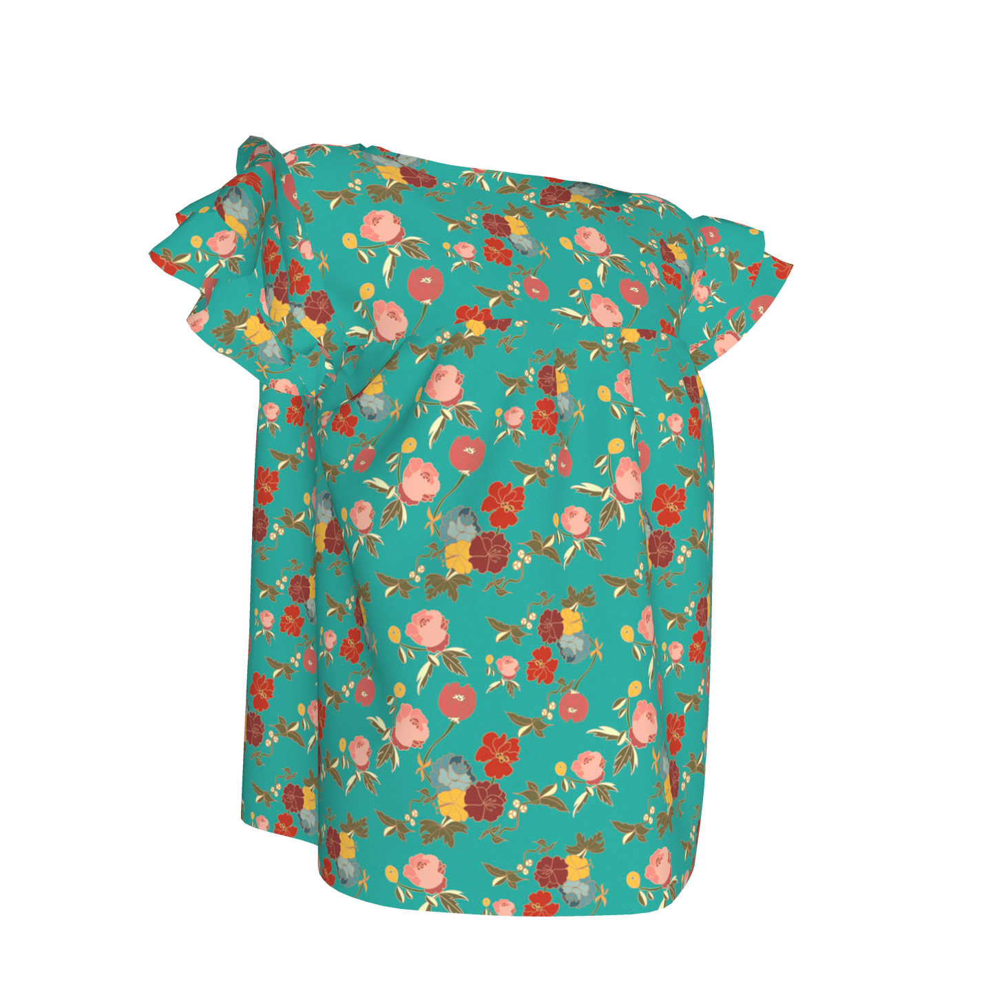 Kid's Ruffled Sleeve Top in Belle Flowers Bright Blue in Light Cotton Slub