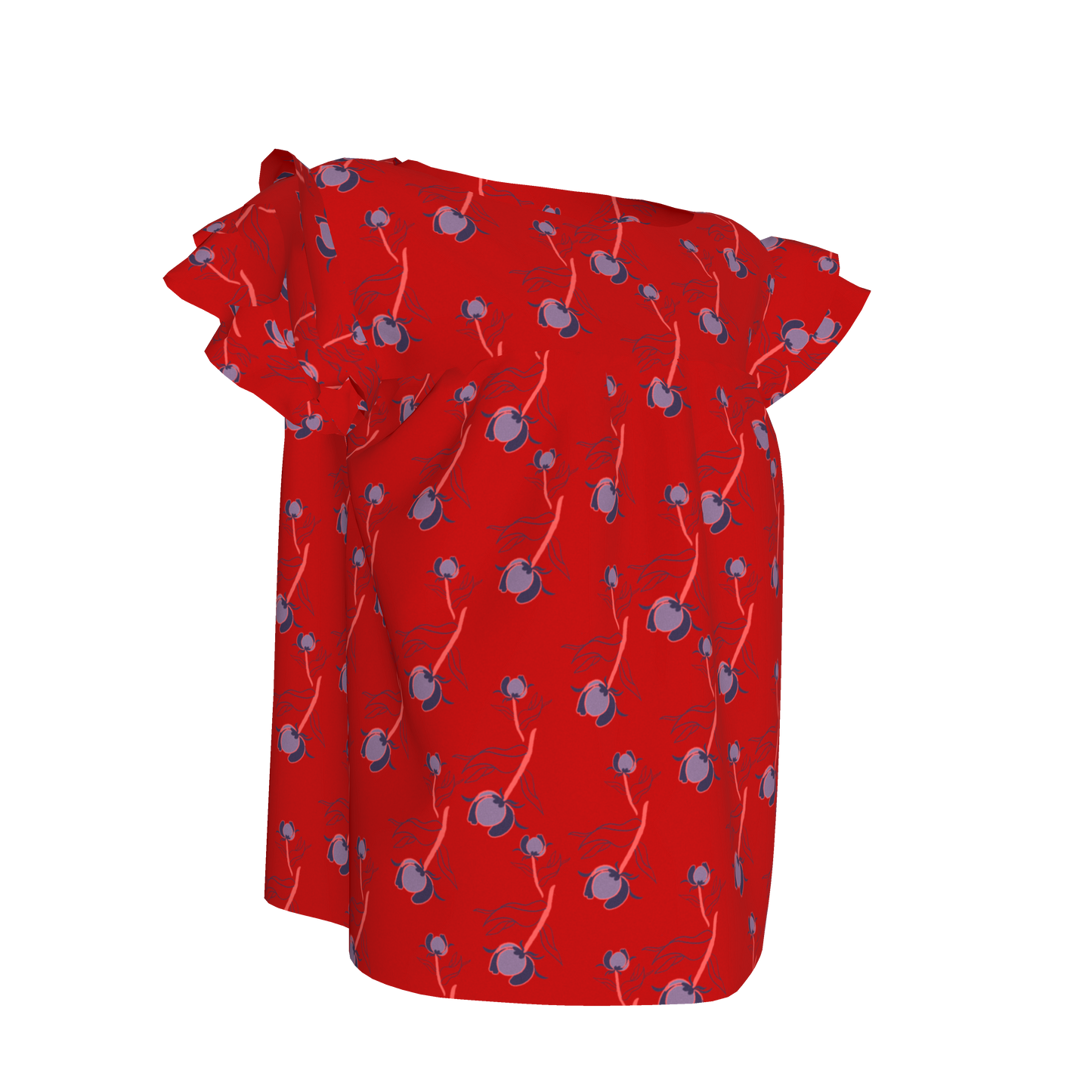 Kid's Ruffled Sleeve Top in Sprinkle Flowers Red in Light Cotton Slub