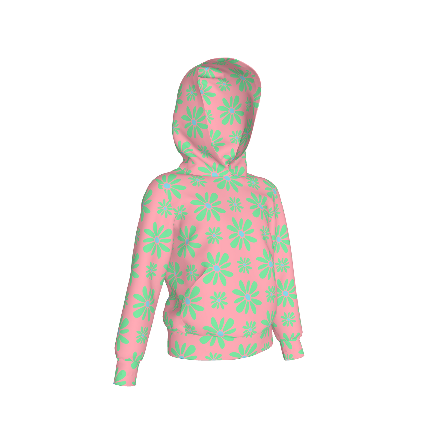 Kid's Pullover Hoodie in Flower Bloom in Pink & Light Green in Fleece Back Stretch Organic Terry