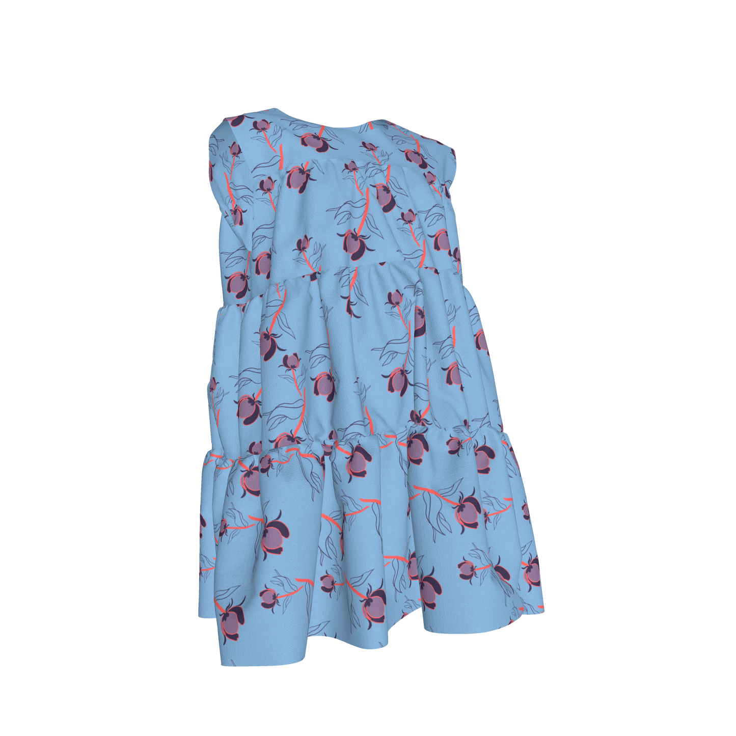 Kid's Ruffle Dress With Lining in Sprinkle Flowers Light Blue in Light Cotton Slub