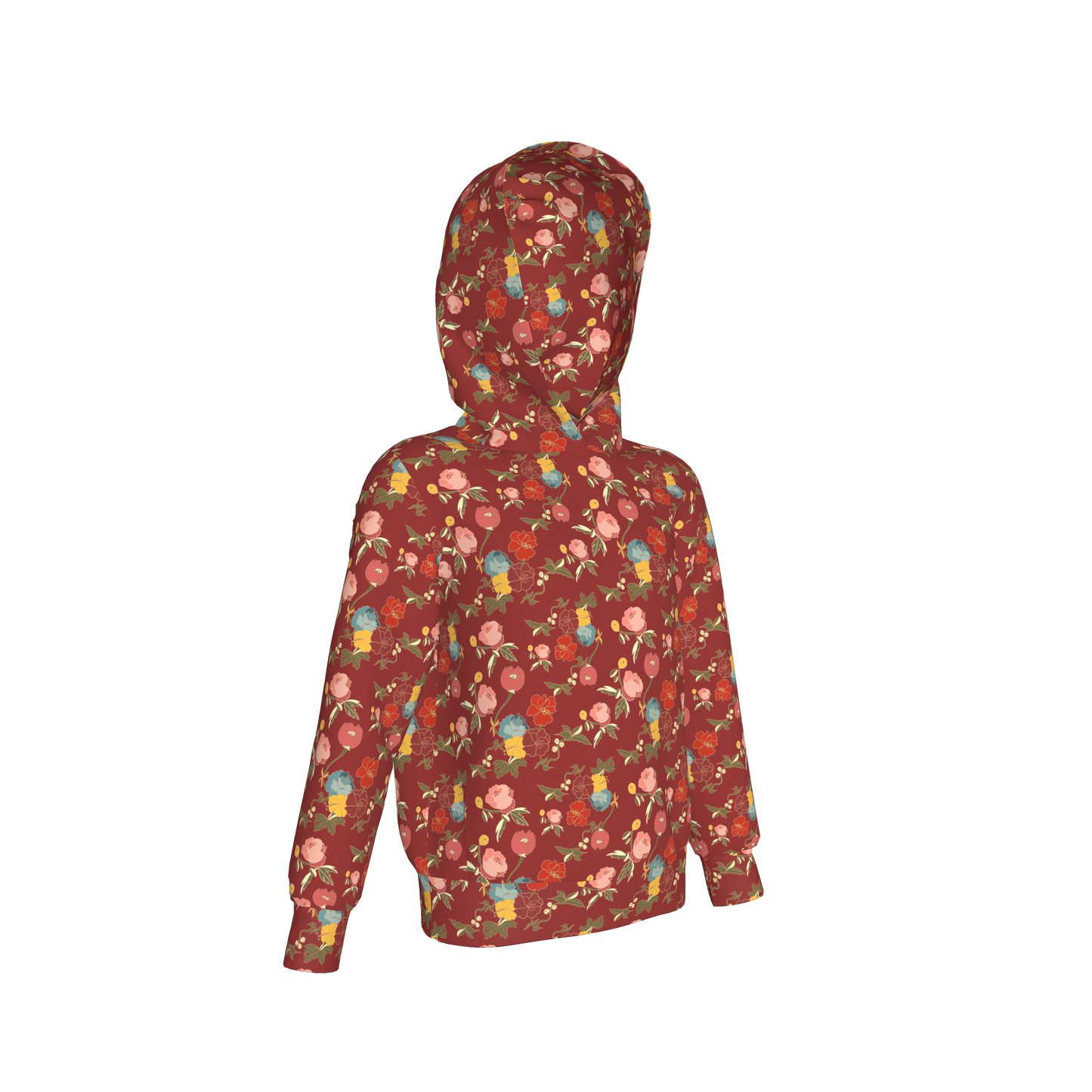 Kid's Pullover Hoodie in Belle Flowers Red in Fleece Back Stretch Organic Terry