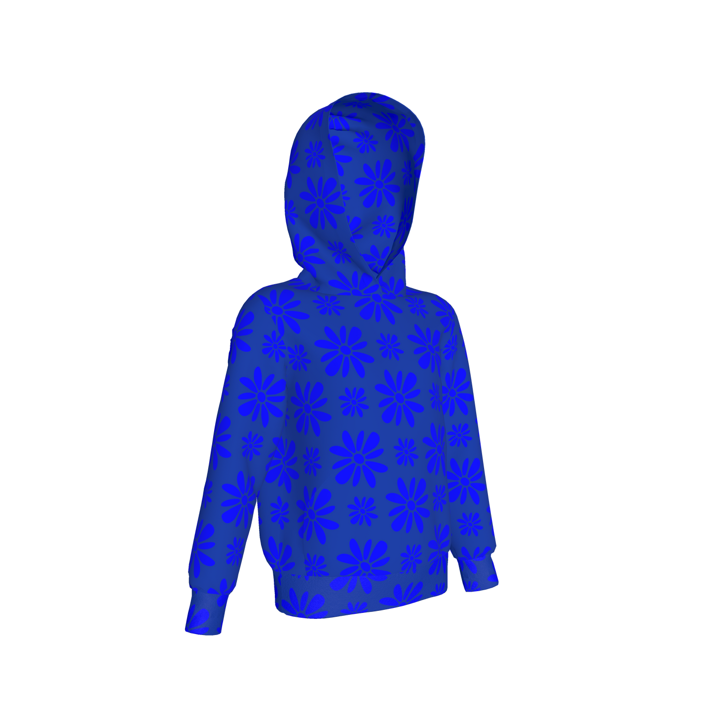 Kid's Pullover Hoodie in Flower Bloom Bright Blue in Fleece Back Stretch Organic Terry