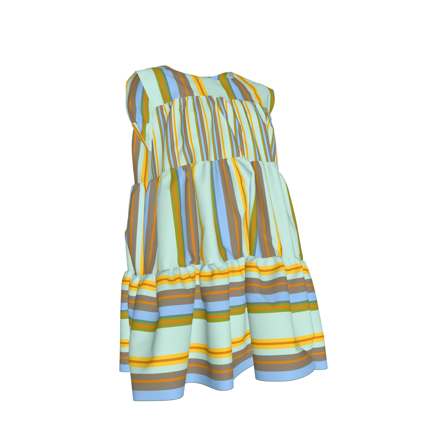 Kid's Ruffle Dress With Lining in Stripes Light Blue & Orangein Light Cotton Slub
