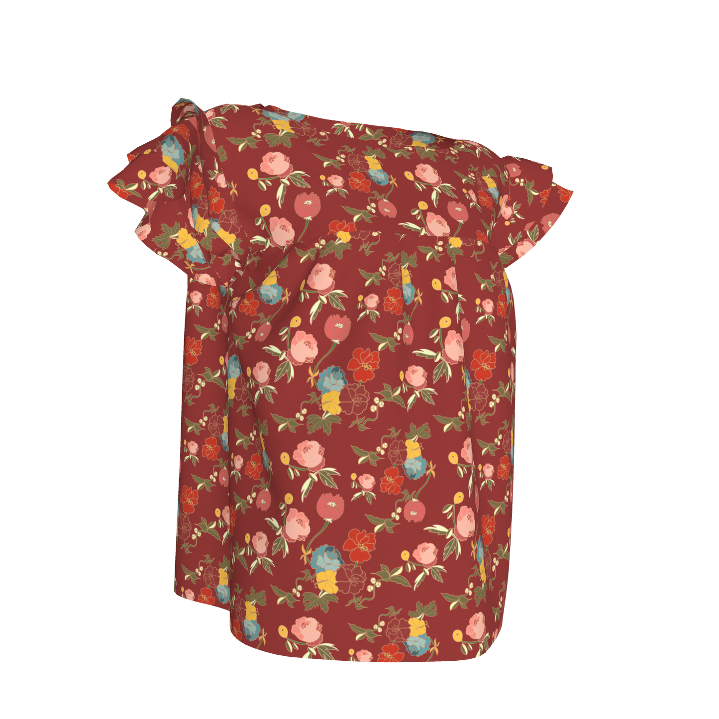 Kid's Ruffled Sleeve Top in Belle Flowers Red in Light Cotton Slub