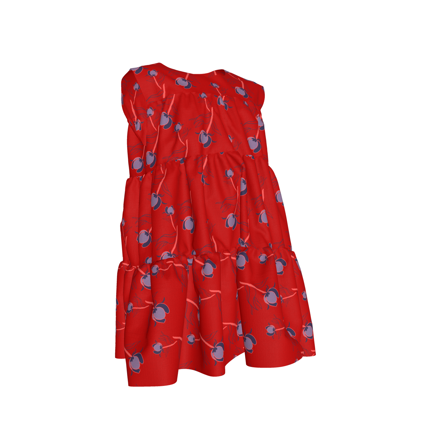 Kid's Ruffle Dress With Lining in Sprinkle Flowers Red in Light Cotton Slub