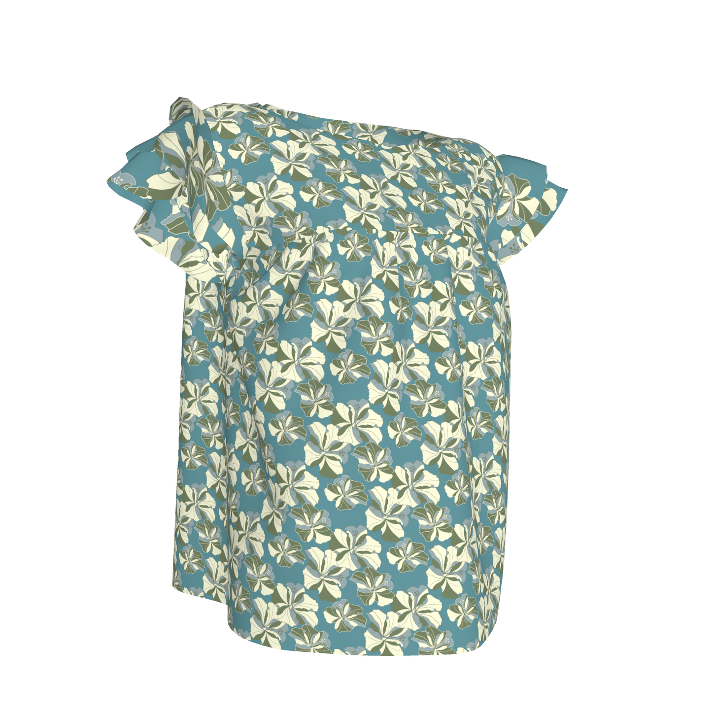 Kid's Ruffled Sleeve Top in Tropical Cayena Acqua in Light Cotton Slub