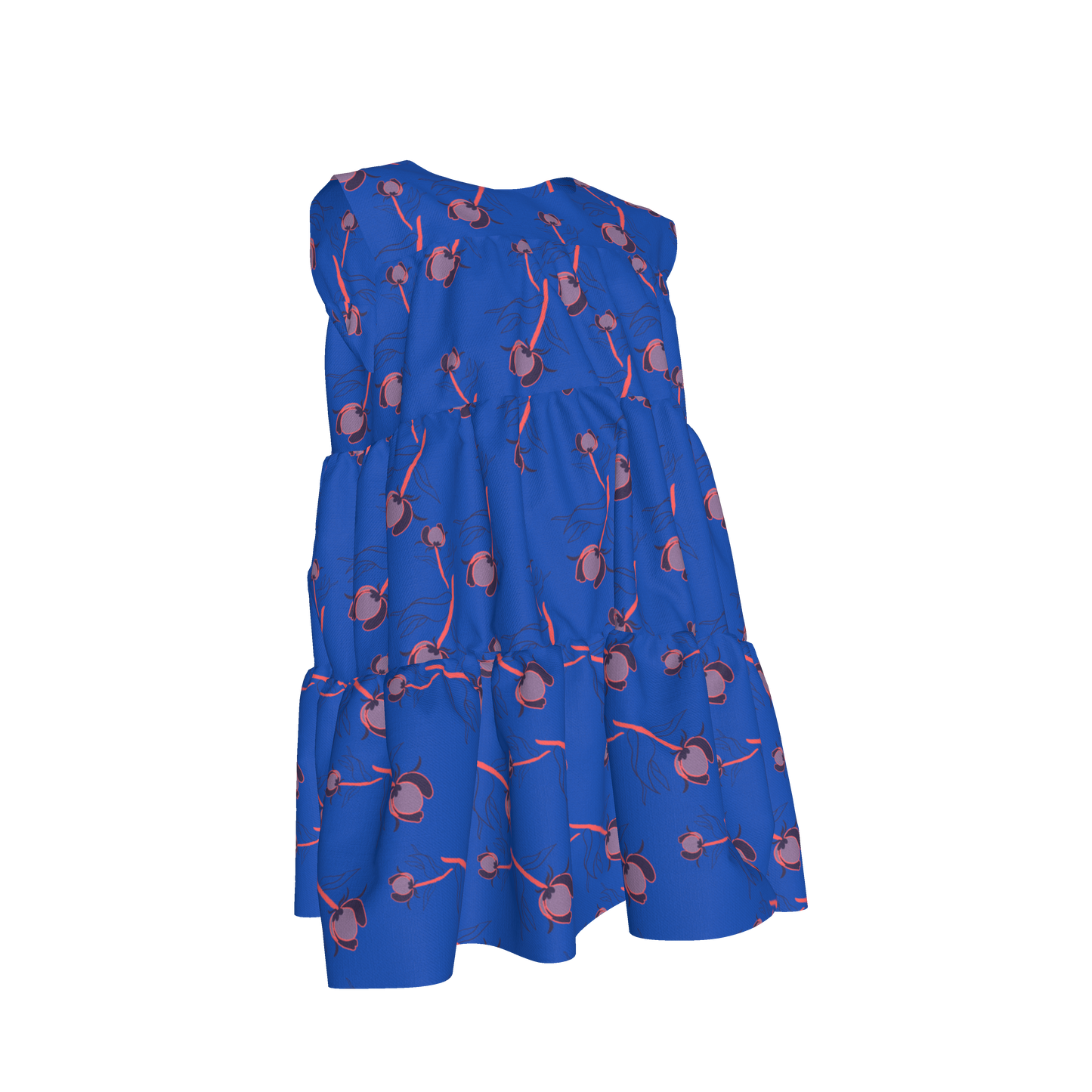 Kid's Ruffle Dress With Lining in Sprinkle Flowers in Blue in Light Cotton Slub