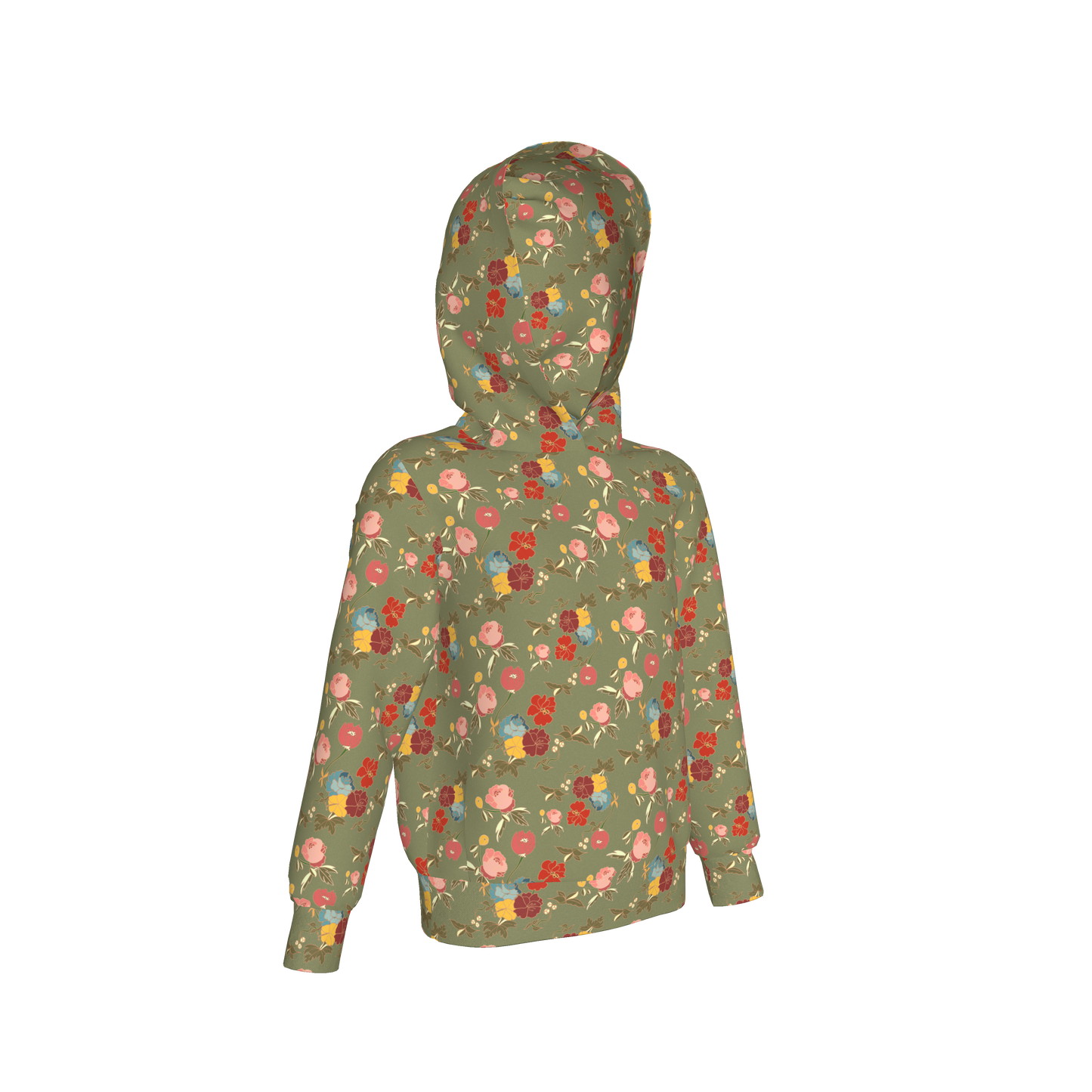Kid's Pullover Hoodie in Belle Flowers Green in Fleece Back Stretch Organic Terry