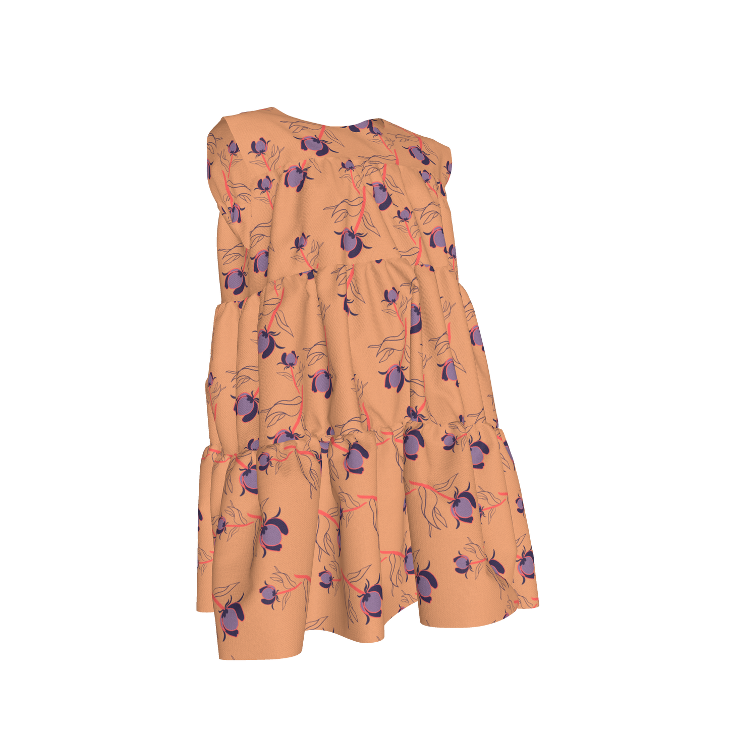 Kid's Ruffle Dress With Lining in Sprinkle Flowers Peach in Light Cotton Slub