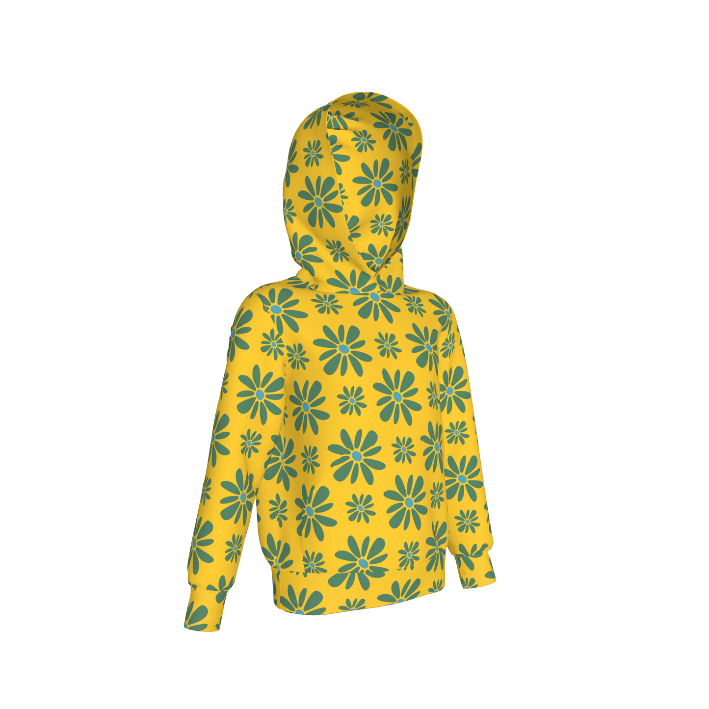 Kid's Pullover Hoodie in Flower Bloom in Yellow & Acqua in Fleece Back Stretch Organic Terry