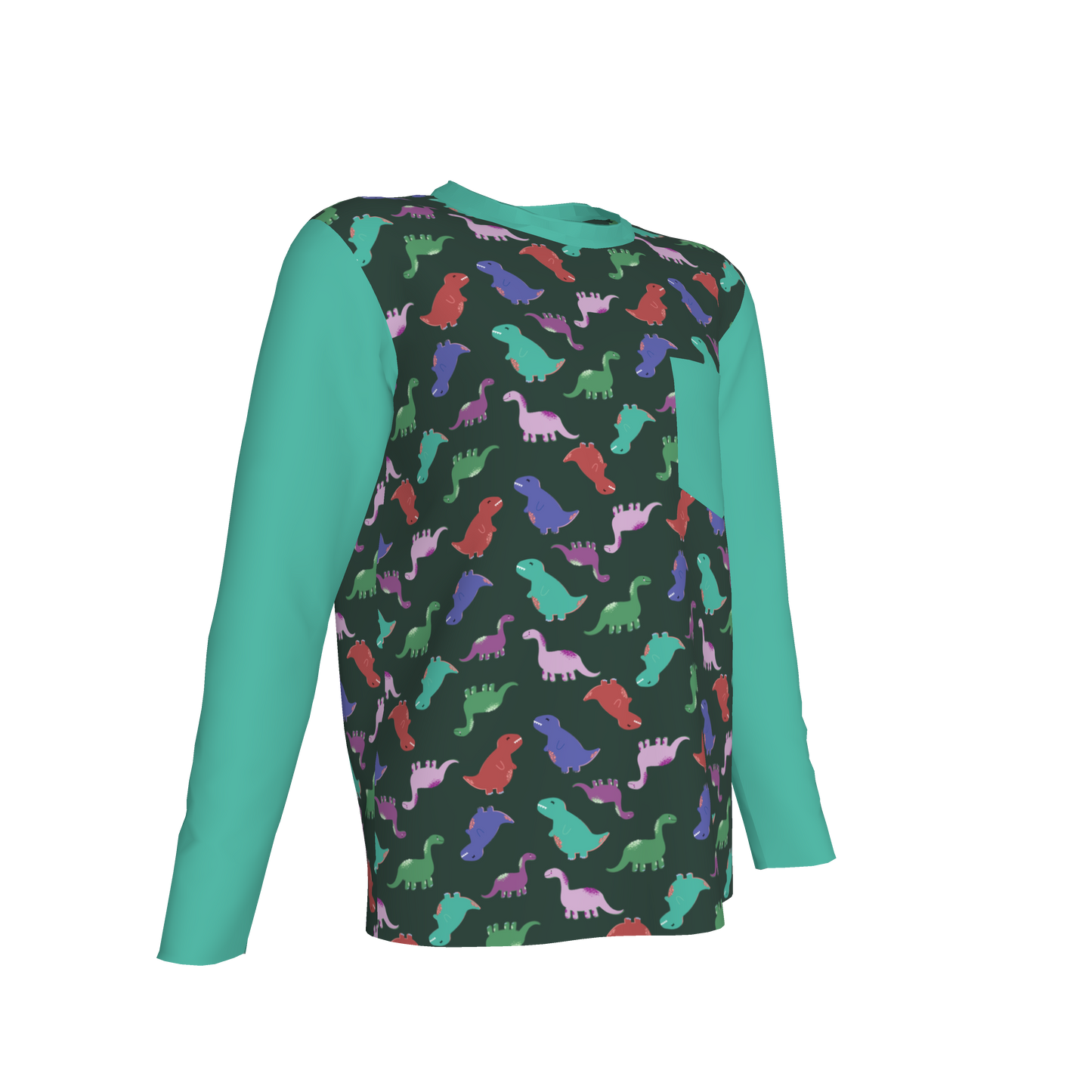 Teal Dino Party Long Sleeve Pocket T-Shirt