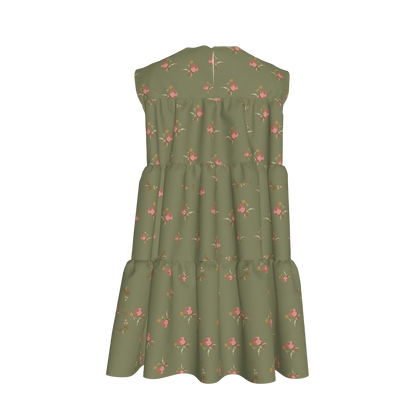 Kid's Ruffle Dress in Belle Bloom in Green in Light Cotton Slub