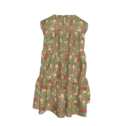 Kid's Ruffle Dress With Lining in Belle Flowers in Green in Light Cotton Slub