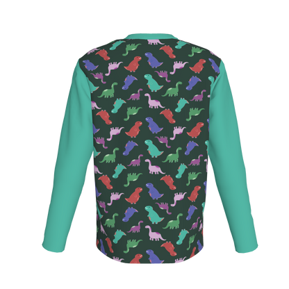 Teal Dino Party Long Sleeve Pocket T-Shirt