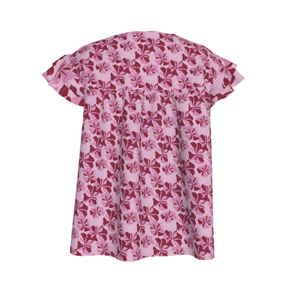 Kid's Ruffled Sleeve Top in Tropical Cayena Pink in Light Cotton Slub