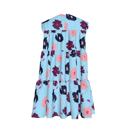 Kid's Ruffle Dress With Lining in Light Blue Poppies