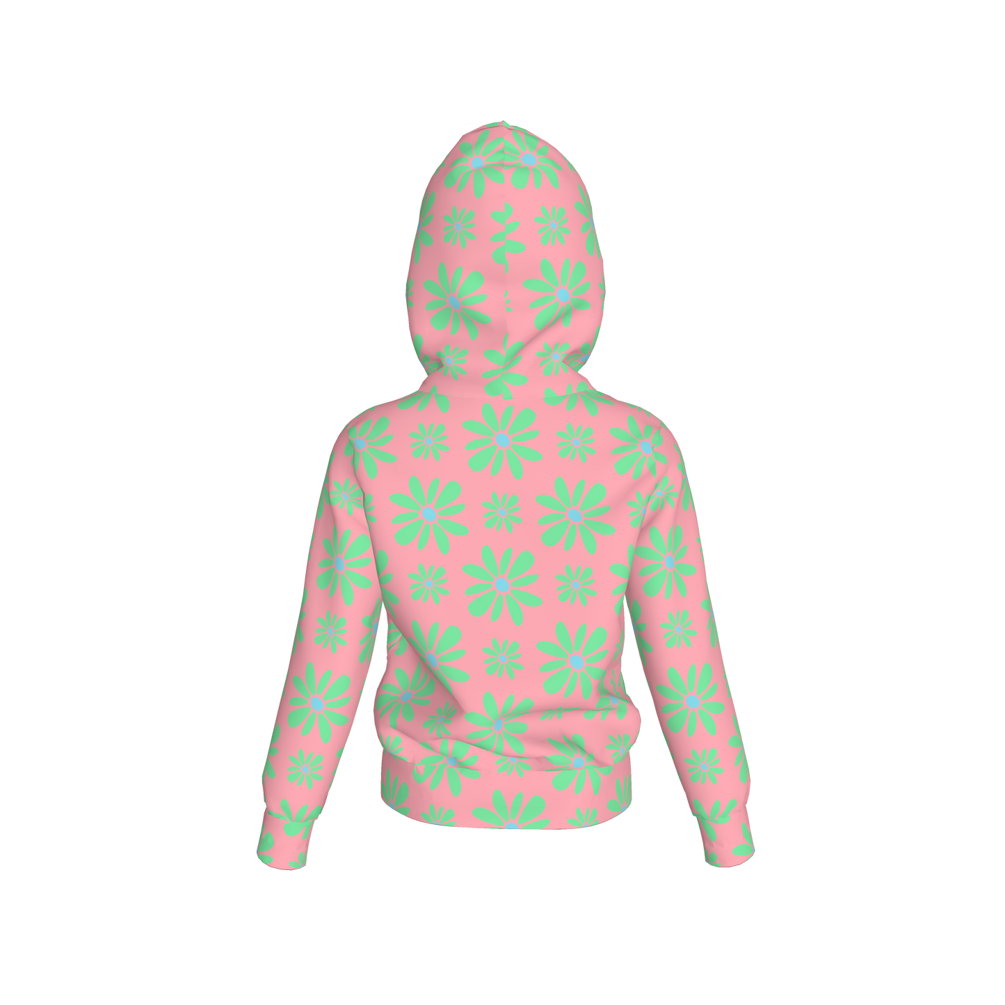 Kid's Pullover Hoodie in Flower Bloom in Pink & Light Green in Fleece Back Stretch Organic Terry