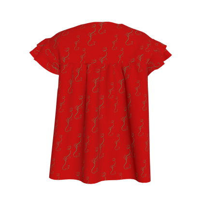 Kid's Ruffled Sleeve Top Bloom Red in Light Cotton Slub