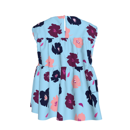Kid's Sleeveless Ruffle Top in Light Blue Poppies