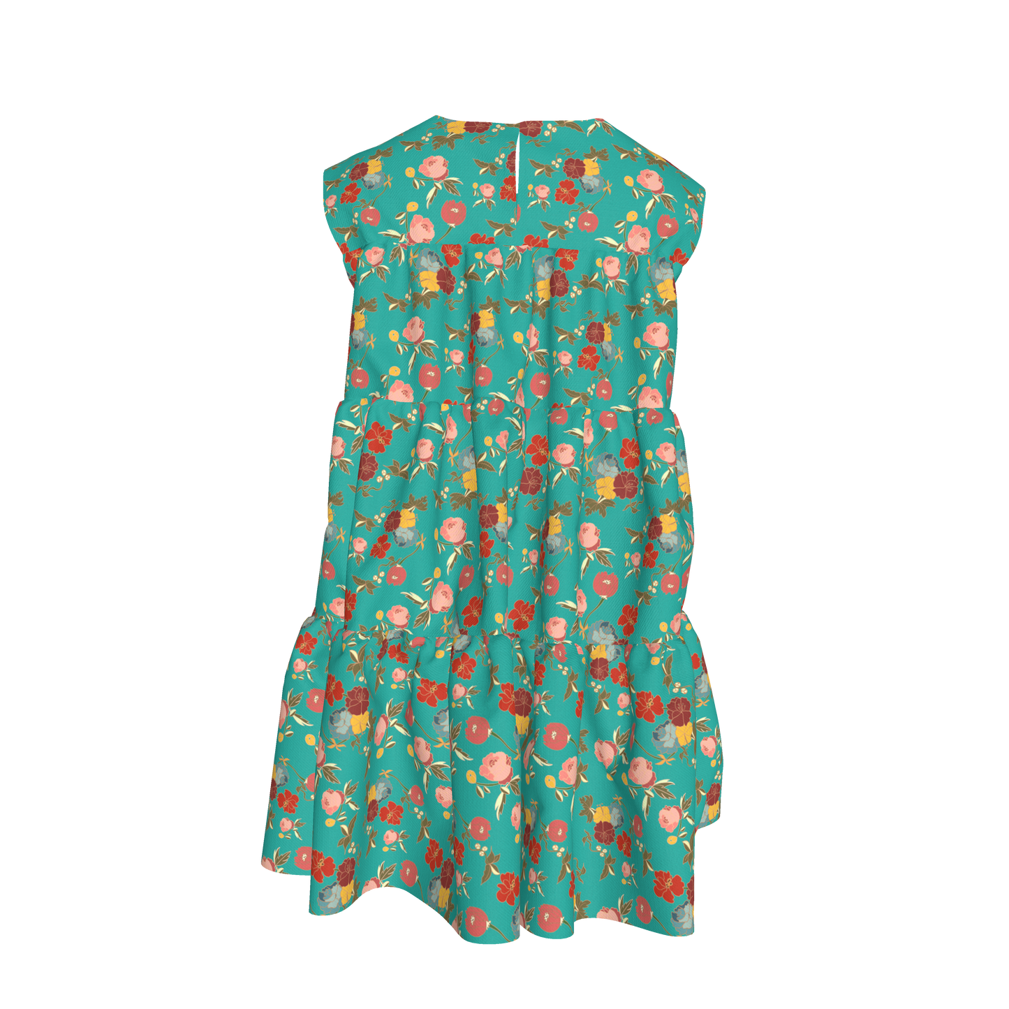 Kid's Ruffle Dress With Lining in Belle Flowers in Bright Blue in Light Cotton Slub