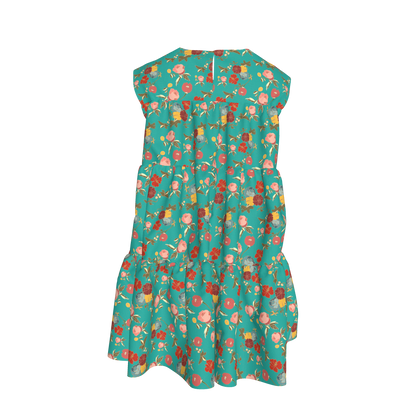 Kid's Ruffle Dress With Lining in Belle Flowers in Bright Blue in Light Cotton Slub