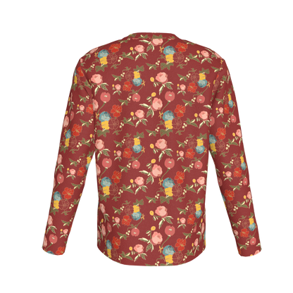 Kid's Long Sleeve T-Shirt in Belle Flowers Red in Cotton Spandex Lightweight Jersey