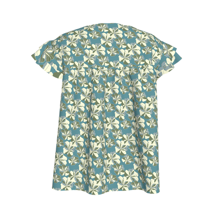 Kid's Ruffled Sleeve Top in Tropical Cayena Acqua in Light Cotton Slub