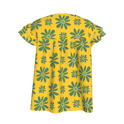 Kid's Ruffled Sleeve Top in Flower Bloom in Yellow & Acqua in Light Cotton Slub