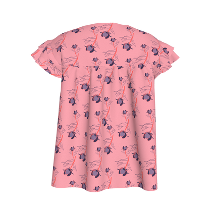 Kid's Ruffled Sleeve Top in Sprinkle Flowers Pink in Light Cotton Slub