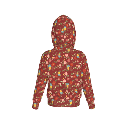 Kid's Pullover Hoodie in Belle Flowers Red in Fleece Back Stretch Organic Terry