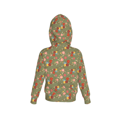Kid's Pullover Hoodie in Belle Flowers Green in Fleece Back Stretch Organic Terry