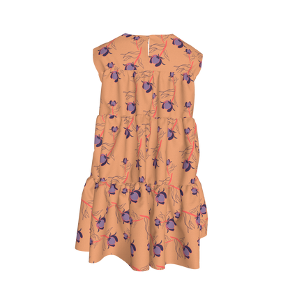 Kid's Ruffle Dress With Lining in Sprinkle Flowers Peach in Light Cotton Slub
